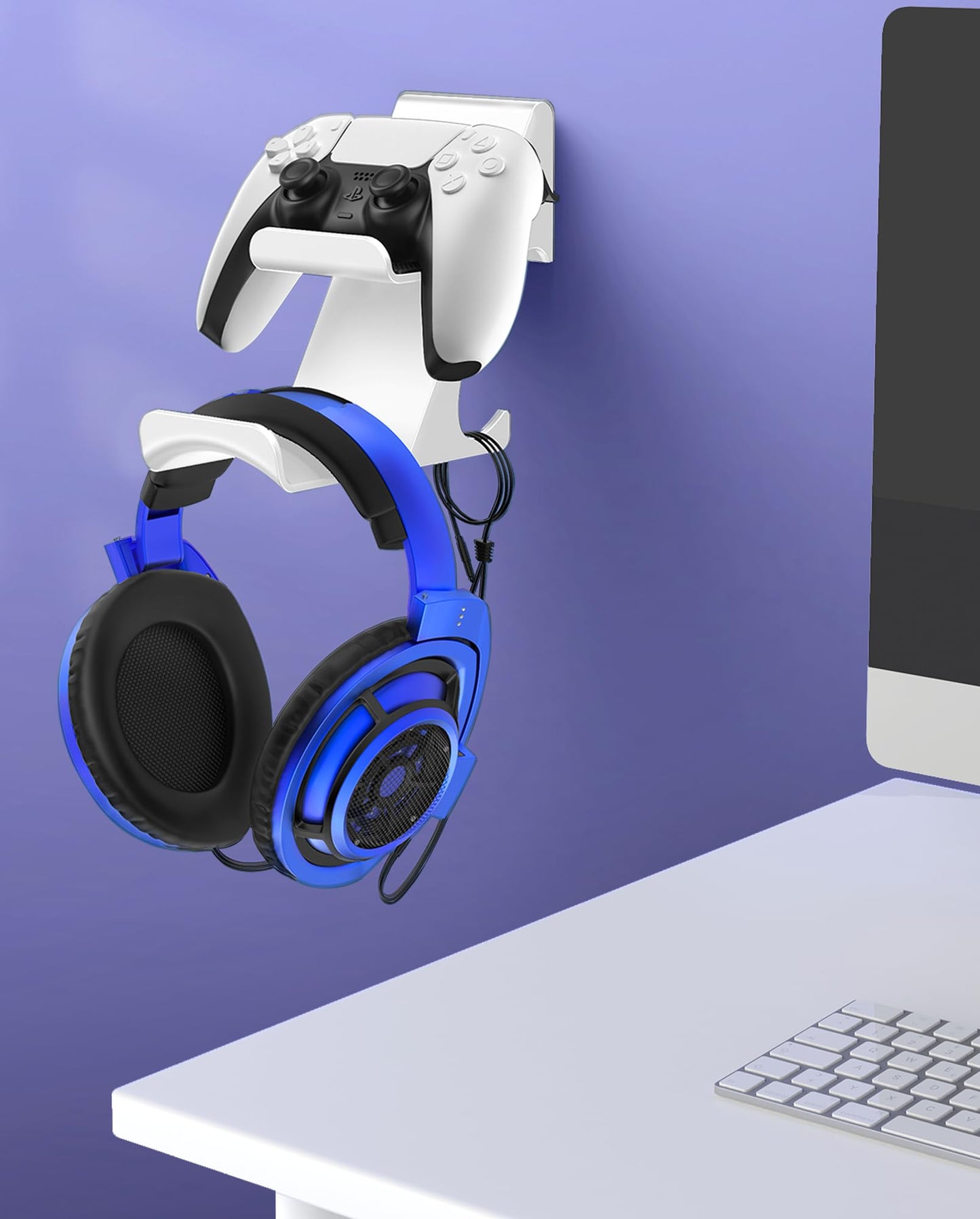 6amLifestyle Controller and Headphone Wall Mount Holder Stand with Cord Hanger for PS5 PS4 Xbox One Switch Pro Gamepad Controller Hook Strong Adhesive/Screws, White