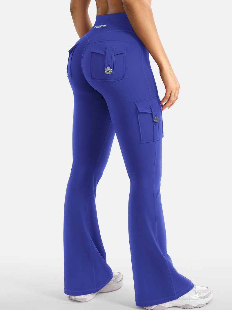YEOREO CoreFlex Women Workout Flare Leggings with Pockets Hidden Scrunch High Waisted Cargo Gym Yoga Leggings Dazzling Blue S