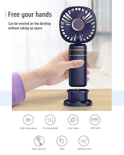 FAPPEN Mini Handheld Fan, Portable USB Hand Held Fan, Rechargeable 5 Speeds Folding Hand Fans with Base and Lanyard for Home Office Bedroom Outdoor Travel(Deep Blue)