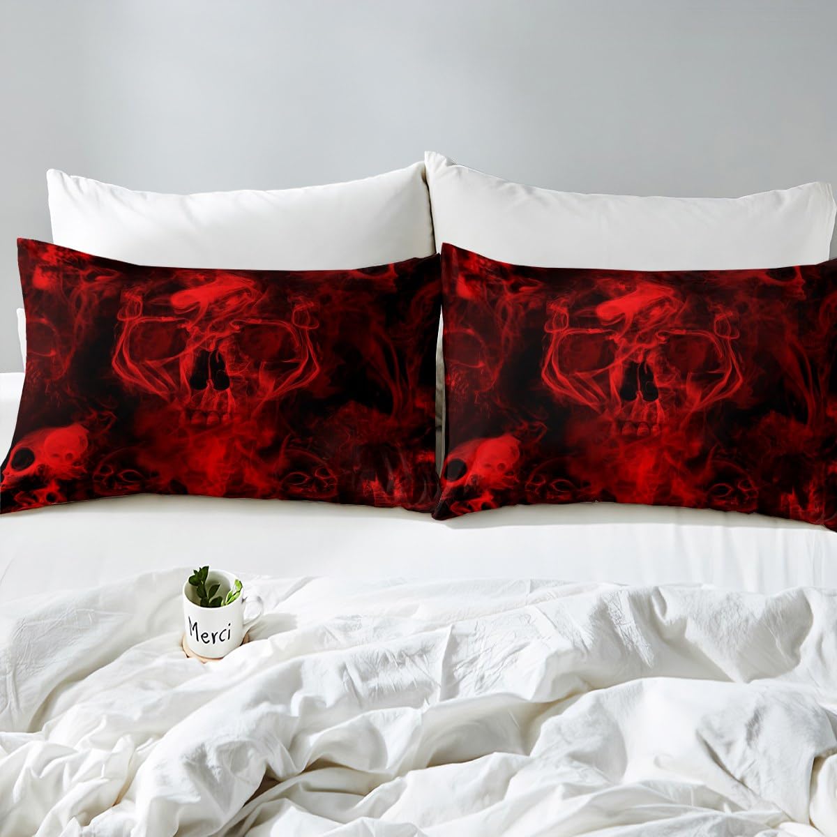 Gothic Skull Bed Sheets Red and Black Skeleton Sheet Set Full For Boys Teens Men Women,Psychedelic Goth Skull Bedding Set Trippy Smoke Halloween Fitted Sheet + Horror Flat Sheet + 2 Pillow Cases