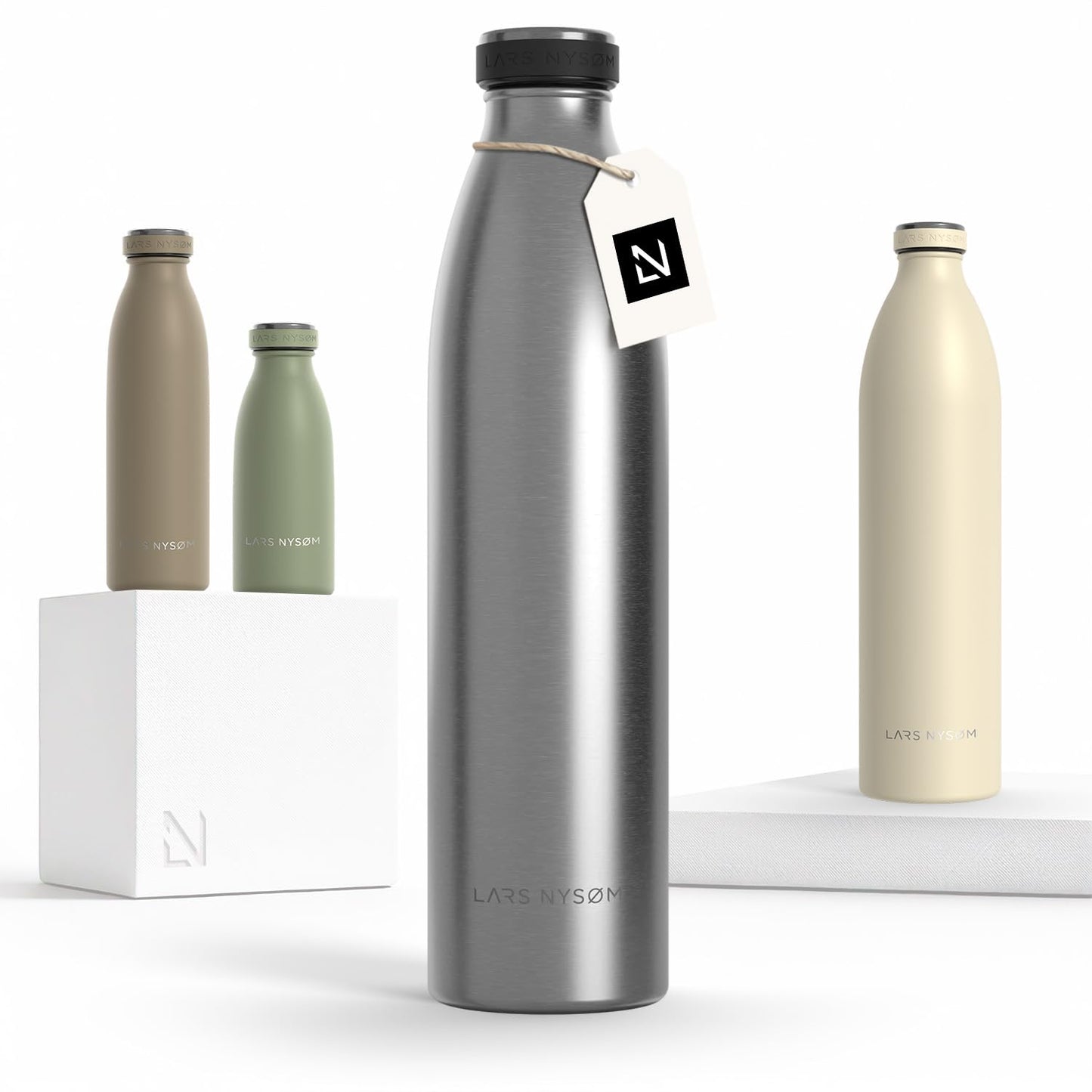 LARS NYSØM Stainless Steel Insulated Water Bottle 12oz 17oz 25oz 34oz 51oz | Insulated Thermo Flask for Hot and Cold Beverages | Leakproof Drinking Bottle (Stainless Steel, 33.9oz)