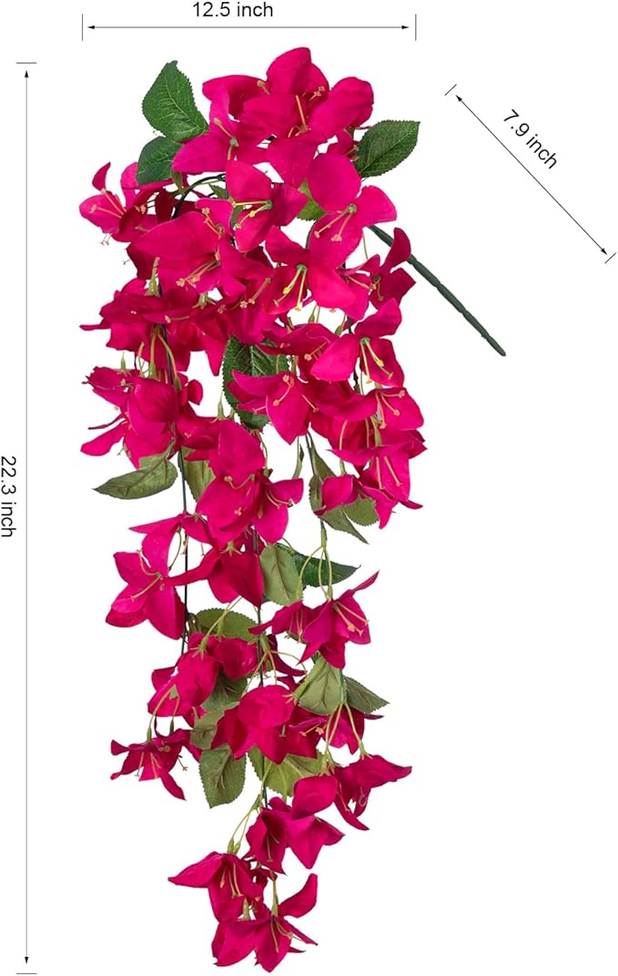 2PCS Bougainvillea Artificial Hanging Flowers Plants for Outdoors Outside Fall Decoration, Faux Silk Flowers Fake Vines UV Resistant Look Real Realistic for Front Door Porch Planter Balcony, Hotpink