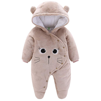 Baby Winter Hooded Romper Fleece Snowsuit Jumpsuit Cartoon Cat Outfits Coffee, Brown, 3 - 6 Months