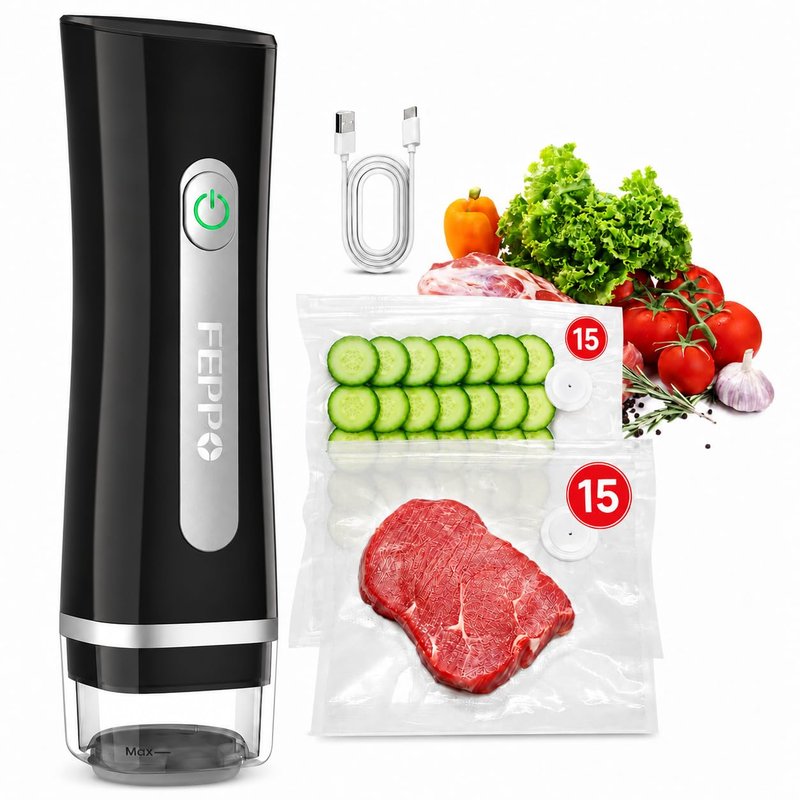 FEPPO Vacuum Sealer for Food with Visible Water Tank, Handheld Saver Compact Vacuum Sealer Machine with 30 Reusable Bags for 6X Preservation & Fresh, Black