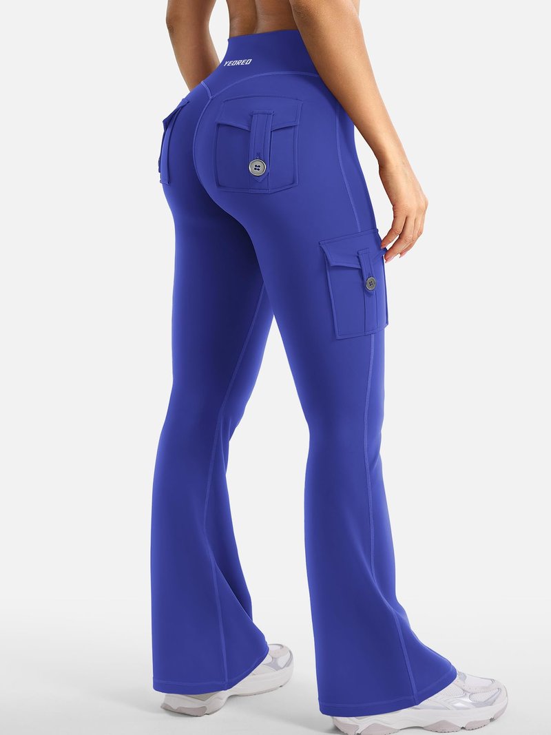 YEOREO CoreFlex Women Workout Flare Leggings with Pockets Hidden Scrunch High Waisted Cargo Gym Yoga No Front Seam Leggings 30" Inseam Dazzling Blue XS