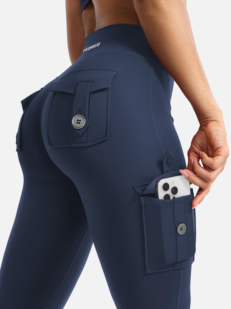 YEOREO CoreFlex Women Workout Flare Leggings with Pockets Hidden Scrunch High Waisted Cargo Gym Yoga No Front Seam Leggings Blue Navy L