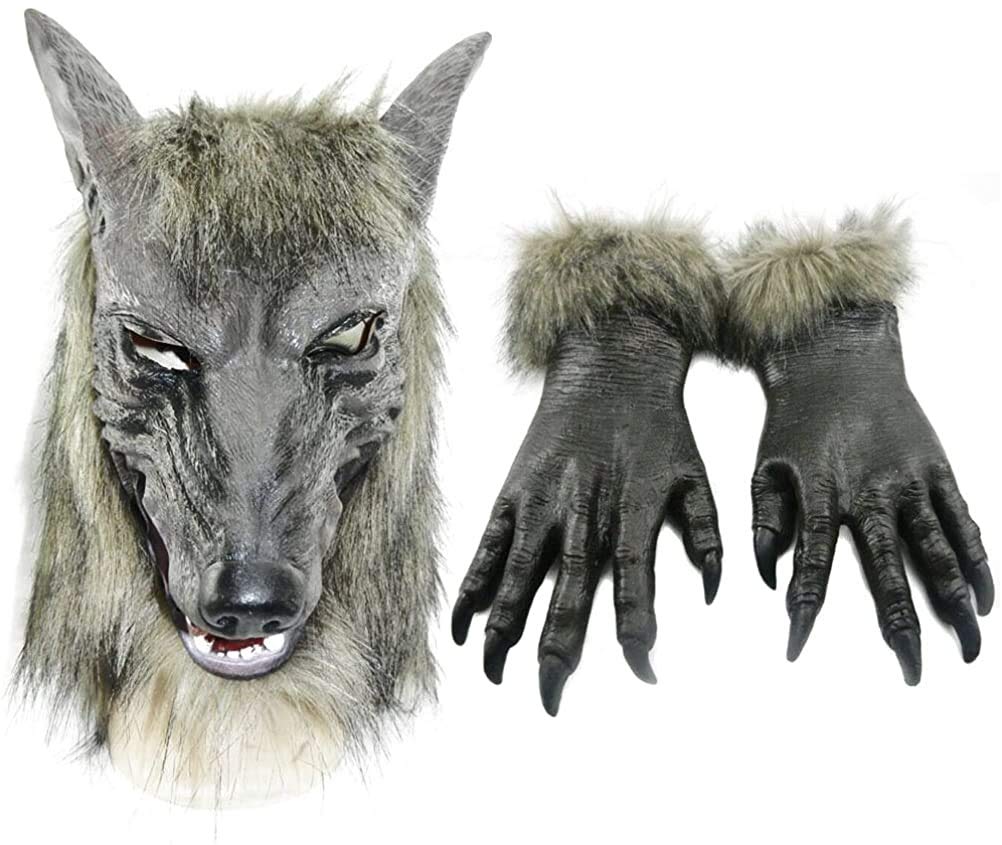 Odowalker Halloween Werewolf Costume Wolf Claws Gloves and Head Mask for Cosplay Costume Man Women Unisex Halloween Dress Up Parties (Both of them)