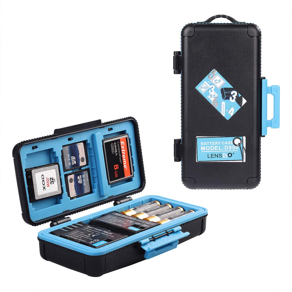 LENSGO Camera Battery Memory Card Case, Memory Card Hard Protector Case Water-Resistant Anti-Shock Storage Box for 3 Camera Batteries 3 XQD or 3 CF Cards 6 SD Cards（Blue）