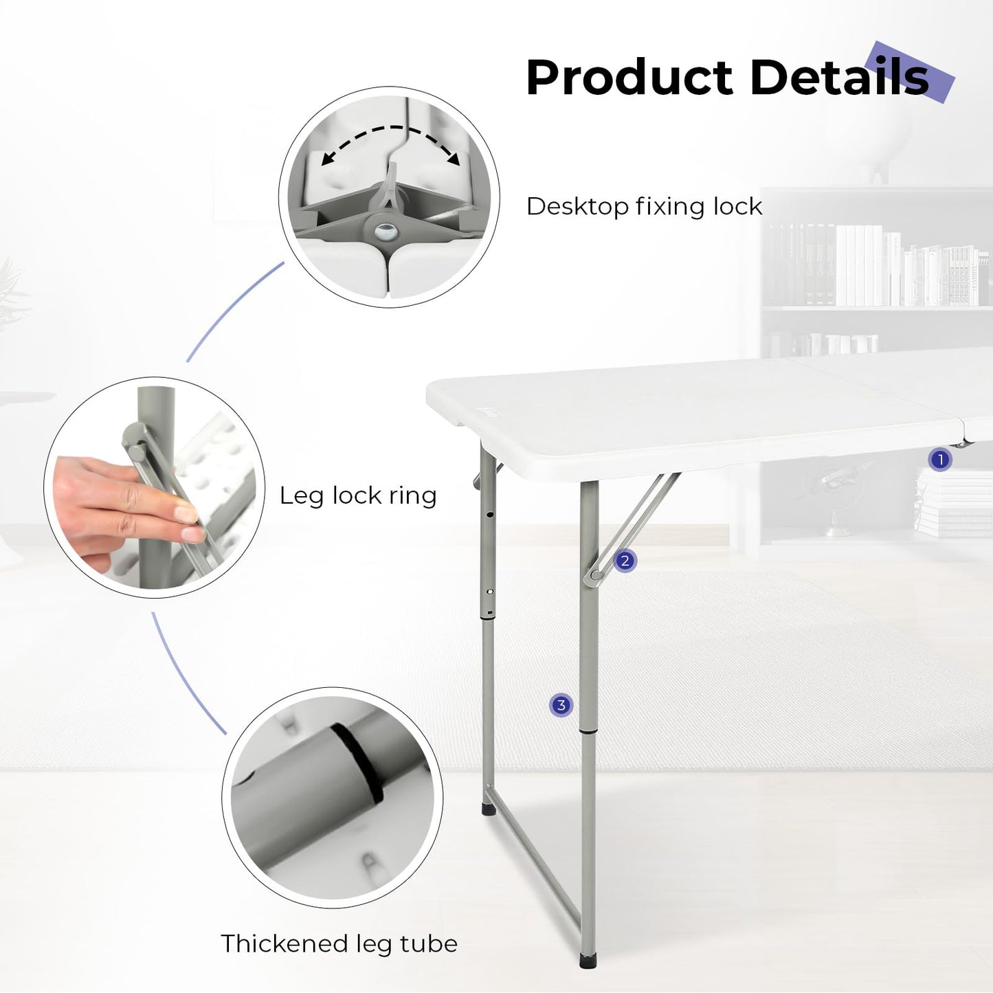 Byliable Folding Table 4 Foot Portable Heavy Duty Plastic Fold-in-Half Utility Table Small Indoor Outdoor Adjustable Height Folding with Carrying Handle, Camping and Party,White