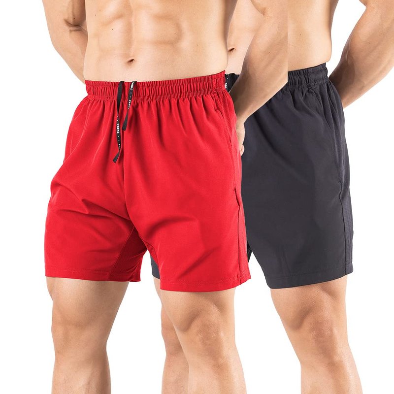 Gaglg Men's 5" Running Shorts 2 Pack Quick Dry Athletic Workout Gym Shorts with Zipper Pockets Black/Red,Medium
