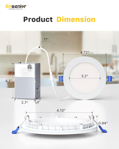 Ensenior 4 Pack 4 Inch LED Recessed Light, Dimmable, 4000K Cool White, 750LM High Brightness, 9W 120V, Damp Rated, Ultra-Thin Canless Wafer Ceiling Light - ETL & FCC & IC