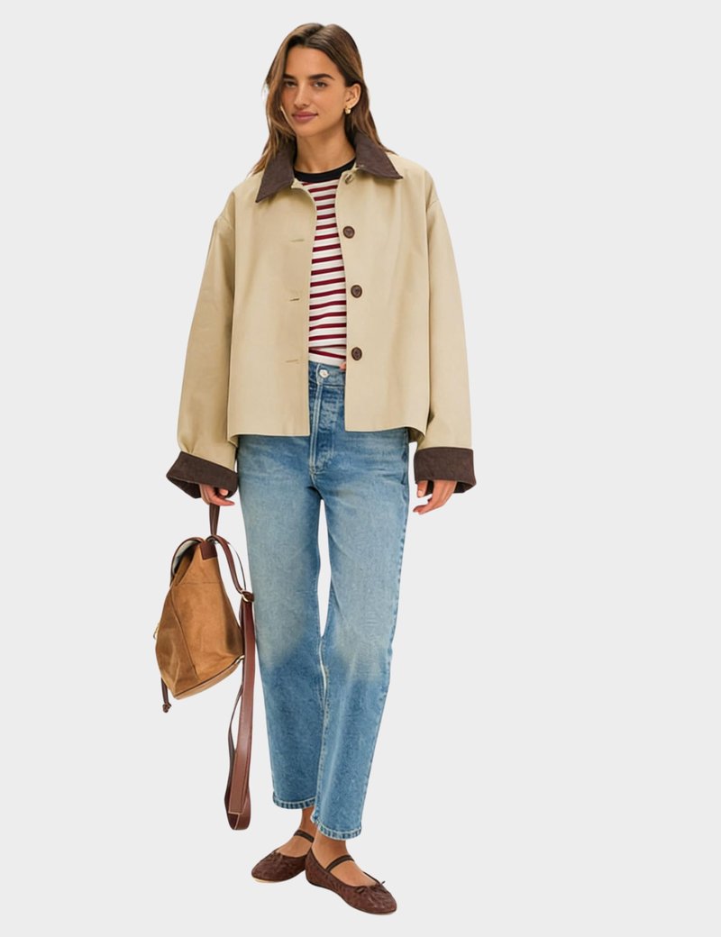 Lviefent Womens Contrast Collar Jacket Casual Button Down Long Sleeves Crop Trench Coat Outerwear with Pockets (Khaki-M)