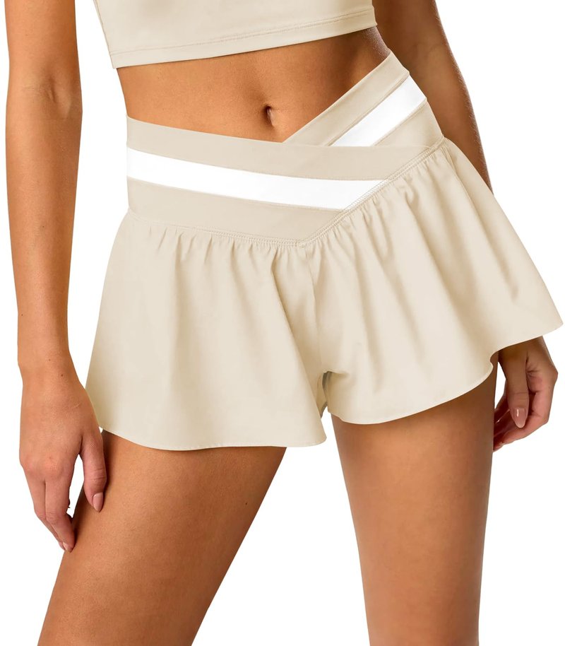 Hragc Womens Athletic Workout Apricot Shorts Flowy Butterfly Elastic Crossover High Waisted 2 in 1 Running Shorts with Pockets for Women Large