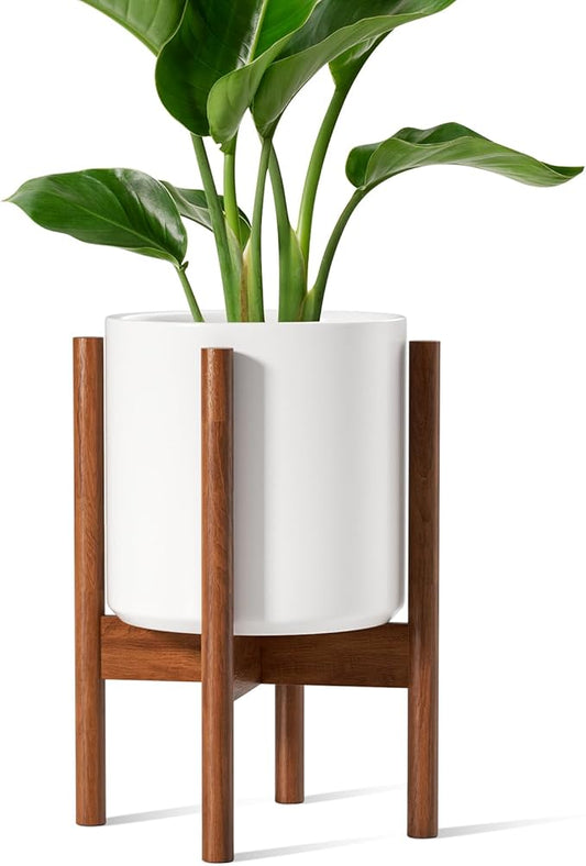 LE TAUCI 12 Inch Planter with Acacia Wood Stand, Large Ceramic Indoor Plant Pot with Drainage Hole & Plug, Mid Century Modern Plant Holder for Fiddle Leaf Fig, Monstera, Snake Plant, White