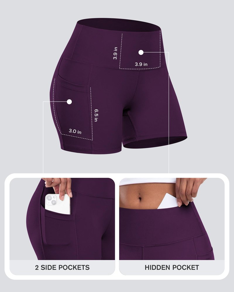 Womens Biker Yoga Shorts with Pocket, High Waisted Tummy Control 5 Inch Workout Spandex Athletic Gym Shorts(5” Purple,L)