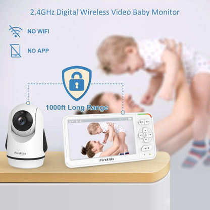 Firskids Baby Monitor, 5” Video Baby Monitor with Camera and Audio no WiFi, Pan Tilt Zoom Camera,32-Hour Battery, 2 Way Talk Temp Sensor Auto Night Vision, Suitable for Monitor Baby and Elderly