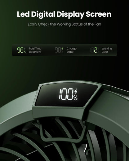 Gaiatop Portable Camping Fan with LED Lantern, 360°Rotation and Clip on for Desk, 4000mAh USB Rechargeable Battery Powered, Digital Display and Hanging Hook for Tent Outdoor Travel Bedroom Green