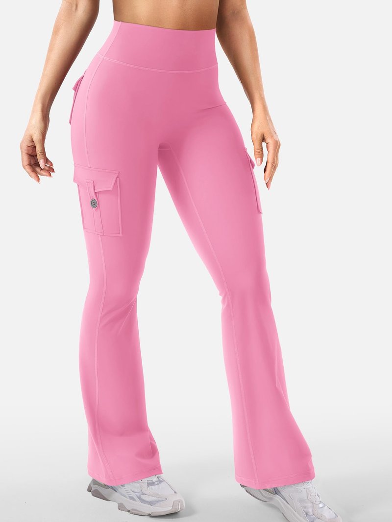 YEOREO CoreFlex Women Workout Flare Leggings with Pockets Hidden Scrunch High Waisted Cargo Gym Yoga No Front Seam Leggings Pink XL