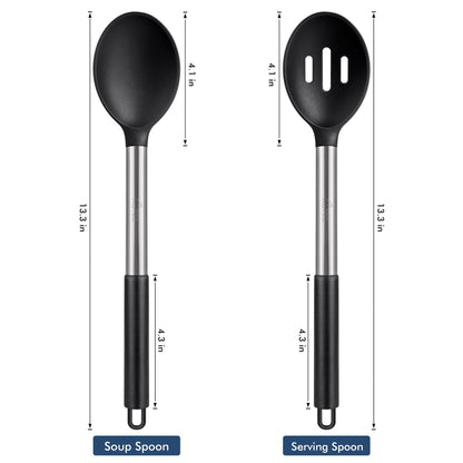 HOTEC 446°F Heat Resistant Large Silicone Cooking Spoon, BPA Free Solid Slotted Spoons, Nonstick Kitchen Cookware Utensils, Mixing, Serving, Stiring Large Spoons, Black