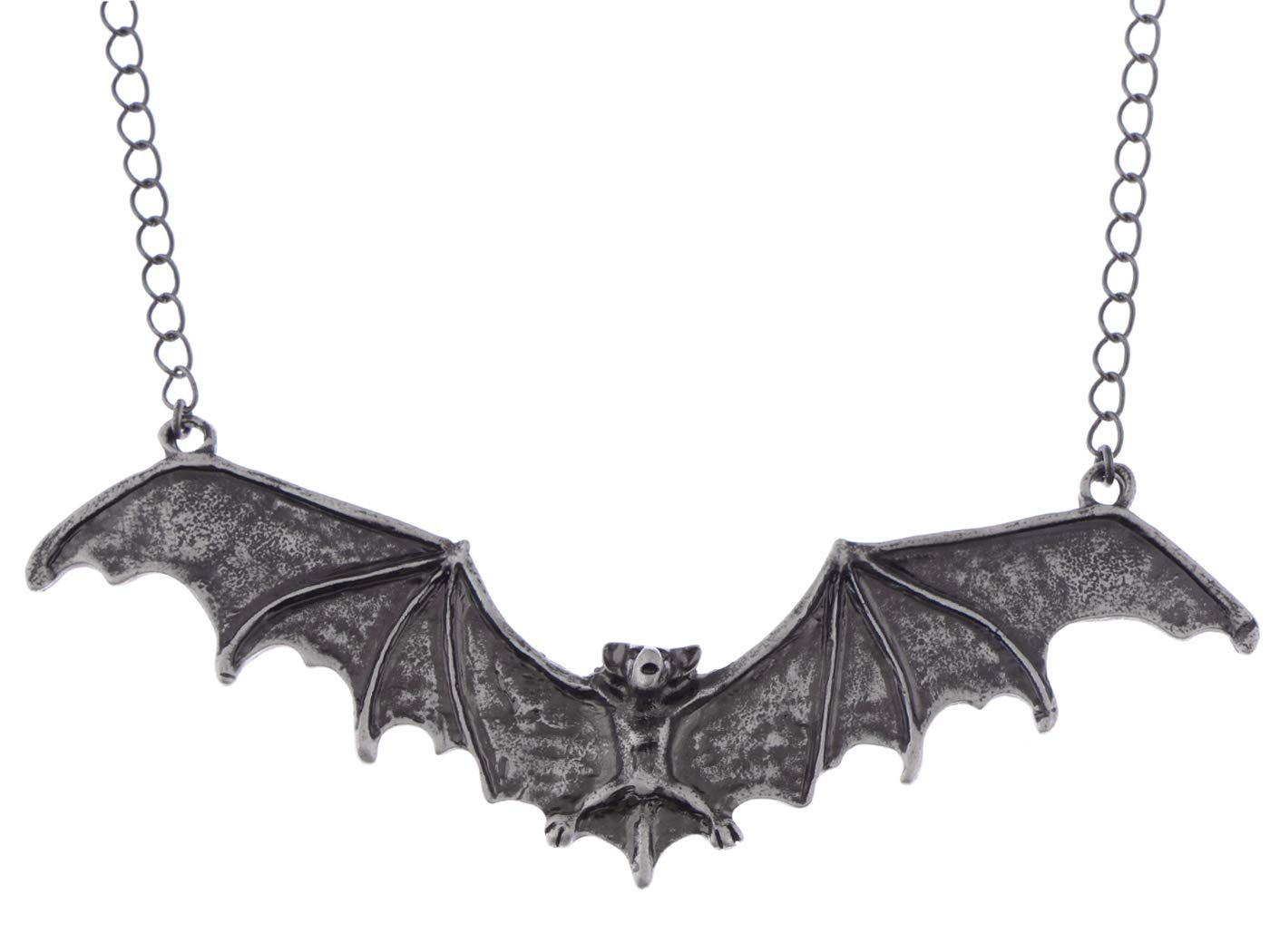 Alilang Frightening Halloween Enamel Paint Flying Bat Metal Chain Pendant Necklace, Antique Silver