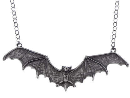 Alilang Frightening Halloween Enamel Paint Flying Bat Metal Chain Pendant Necklace, Antique Silver