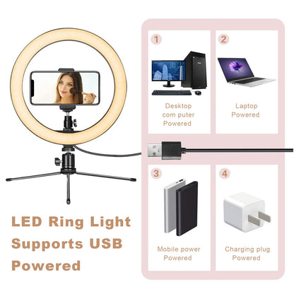 LED Dimmable Desk Makeup Ring Light 10" with Tripod Stand & Phone Holder for Live Streaming & YouTube Video,Photography, Shooting with 3 Light Modes & 10 Brightness Level