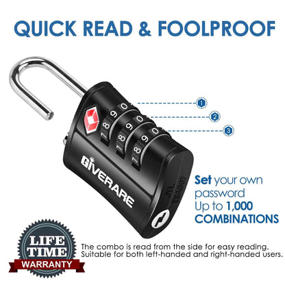 4 Pack TSA Approved Travel Luggage Locks, Combination Lock Keyless, 3-Digit Padlocks, Travel Sentry Accepted Compatible Padlock for Gym Locker, Golf Bag Case, Backpack, Black-by GIVERARE