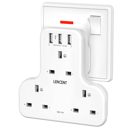 LENCENT Plug Extension Socket, 3 Way Multi Plug Socket with 3 USB Ports, Power Extender Wall Adaptor for Household Appliances, Iphone, Smartphone, Tablet, Home, Office, Bedroom, 13A 3250W