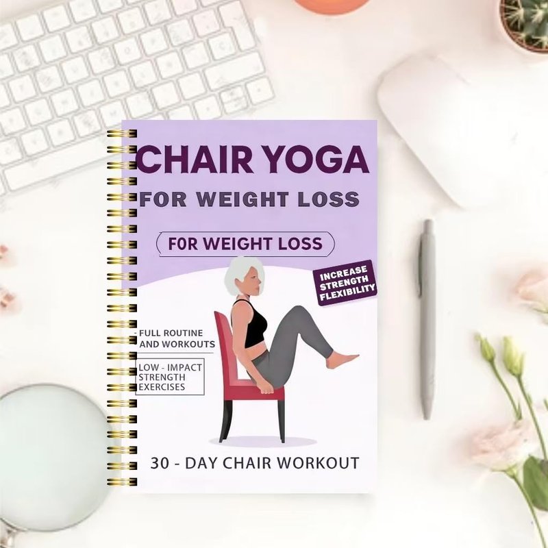 Chair Yoga Weight Loss Planner - 15-Minute Daily Routine Log with Illustrated Poses | Spiral-Bound Home Fitness Journal (5.5x8.3 Inch, Purple)