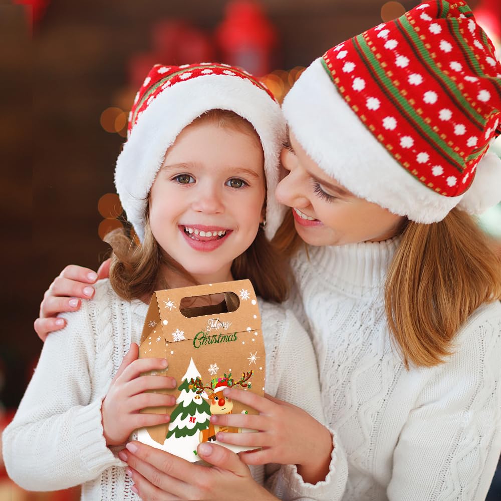 Vellibring 24PCS Christmas Kraft Candy Boxes, Kraft Paper Cookies Candy Treat Boxes Bags for Christmas Gift Wrapping Boxes Xmas Party Supplies Decorations