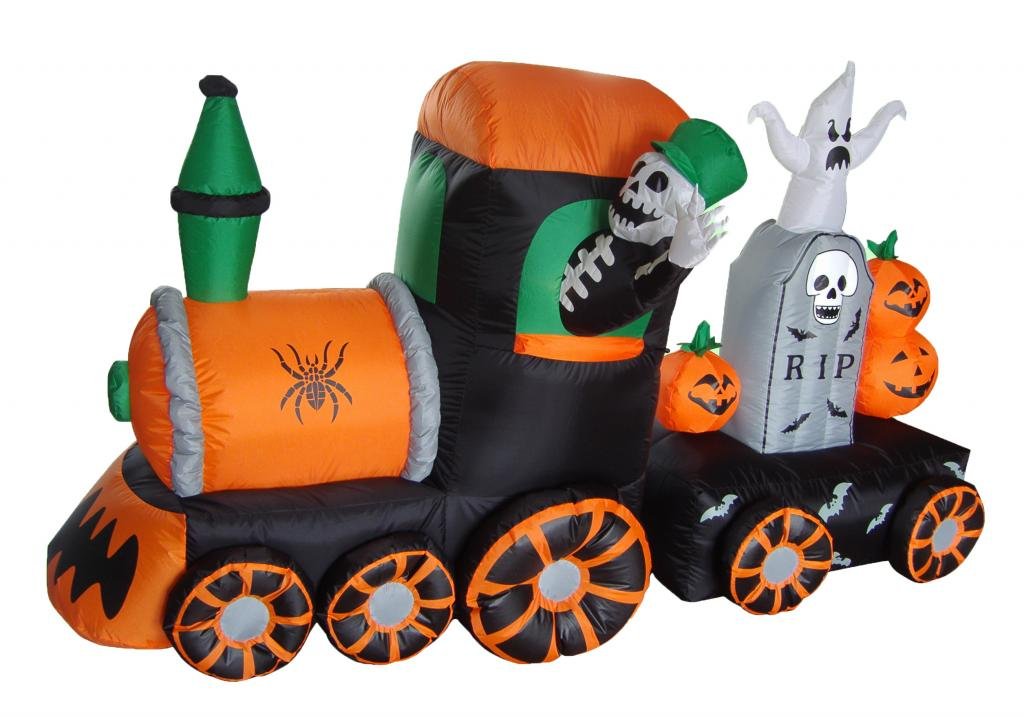 BZB Goods 7 Foot Long Halloween Inflatable Skeleton on Train LED Lights Outdoor Indoor Holiday Decorations, Blow up Lighted Yard Decor, Giant Lawn Inflatable Home Garden Party Favor Decoration