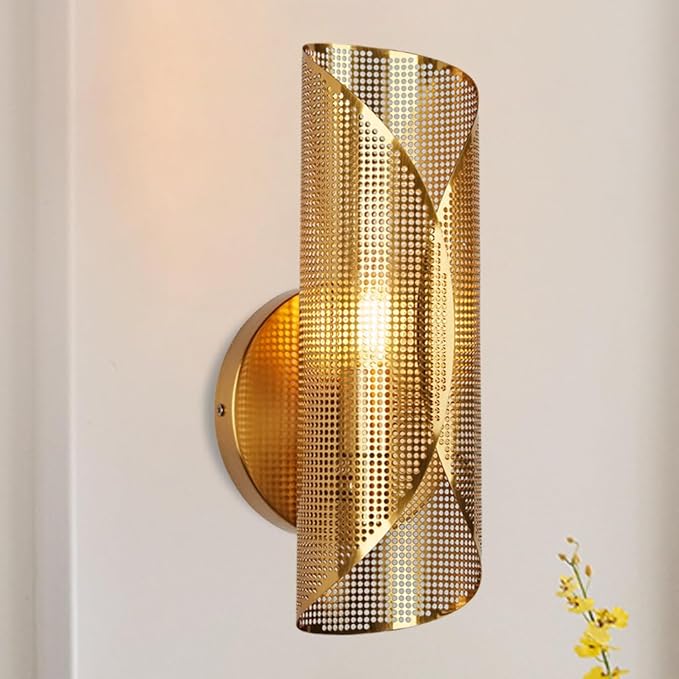 Industrial Cylindrical Aged Brass Curved Perforated Wall Sconce, 21 Inch Hand-Made Wall Mounted Light, Luxury Wall Light for Hallway, Bedroom, Living Room (1-Light)