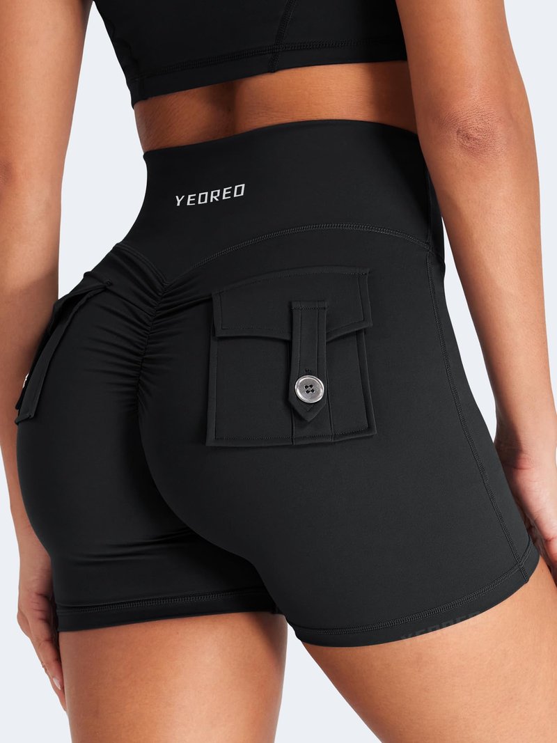 YEOREO CoreFlex Scrunch Workout Shorts with Pockets for Women 4.5" High Waisted Cargo Gym Biker Shorts Tummy Control Yoga Black