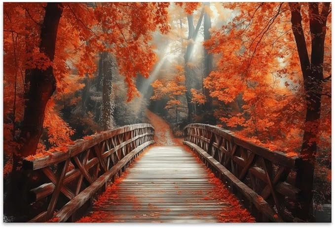 Yesad Autumn Bridge Canvas Wall Art, Fall Wall Art Room Décor Natural Posters Autumn Pictures Prints Wall Décor for Living Room Bedroom (Unframed,30”x20”,Bridge)