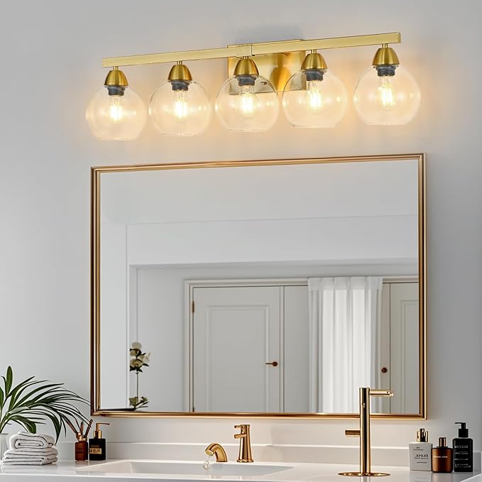 5-Light Bathroom Light Fixtures, Gold Vanity Light with Ultra-Clear Hand-Blown Glass, Durable & Scratch-Resistant, Wall Lamp for Mirror, Bedroom, Hallway