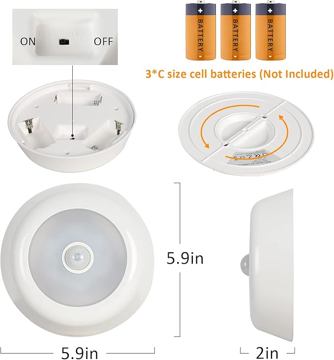 DLLT Battery Operated Motion Sensor Light Indoor, Battery Powered Ceiling Light with 300LM, 5000K, 5.9 inch Wireless Ceiling Light for Closet Stair Hallway Shower Shed Garage Pantry Basement