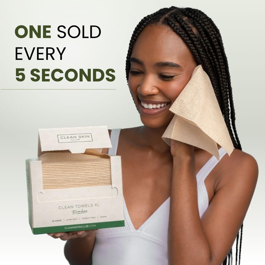 Clean Skin Club Bamboo Viscose Clean Towels XL™, 100% USDA Biobased Face Towel, Disposable Face Towelette, Makeup Remover Dry Wipes, Ultra Soft, 50 Ct, 1 Pack