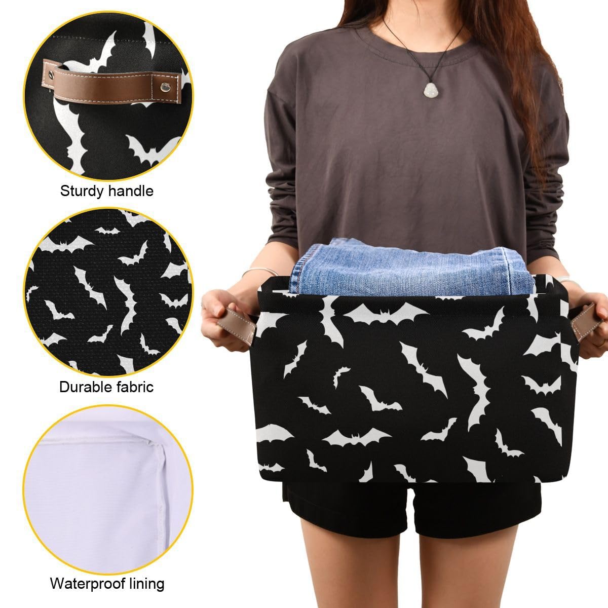 Halloween Black Bat Storage Basket Fabric Kitchen Baskets Spooky Happy Halloween Open Home Storage Bins Boxes Foldable Organizer Bag for Baby Cloth Pet Toy Book Shelf Closet Baskets 16×12×8 Inches