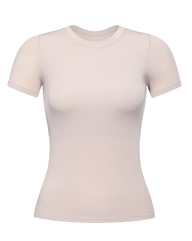 AUROLA Everyday Fitted T-Shirt for Women,Crew Neck Basic Short Sleeves T ShirtCrop Tops Modal Slim Fit Tee (Begei,S)