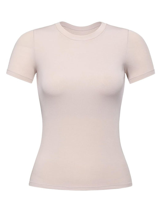AUROLA Everyday Fitted T-Shirt for Women,Crew Neck Basic Short Sleeves T ShirtCrop Tops Modal Slim Fit Tee (Begei,S)