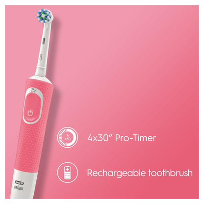 Oral-B Vitality Plus Electric Toothbrush, 1 Handle, 2 3D White Toothbrush Heads, 1 Mode with 2D Cleaning, 2 Pin UK Plug, Pink & Blue