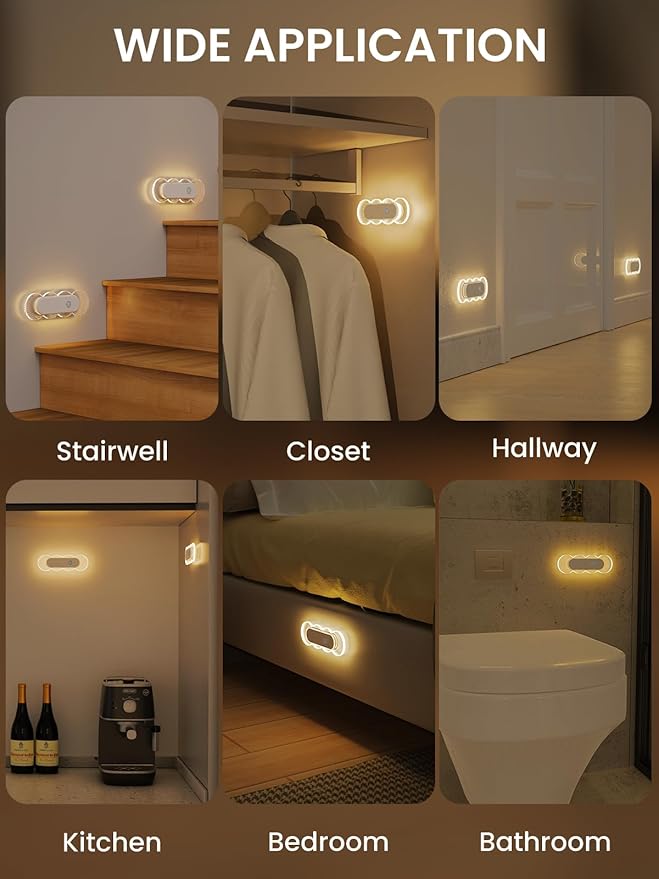 Motion Activated Night Light Rechargeable, Magnetic Stick On Lights Battery Operated, No Drill LED Sensor Night Light for Bathroom Bedroom Hallway (2 Pack)