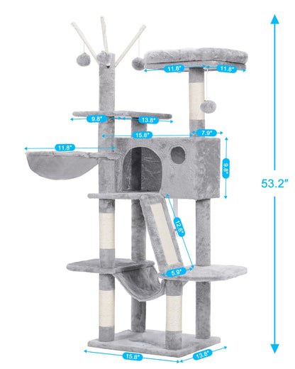 Hey-brother Cat Tree, 53 inch Cat Tower for Indoor Cats, Cat House with Padded Platform Bed, Toy Balls, Large Cozy Condo, Hammocks and Sisal Scratching Posts, Light Gray MPJ019-SW