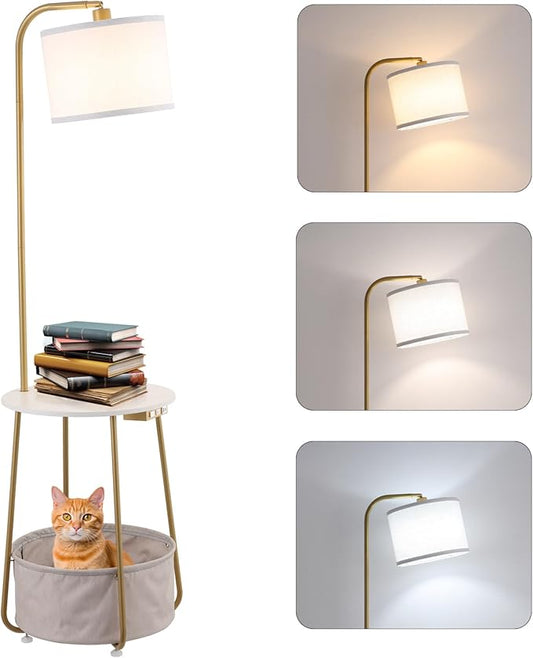 Floor Lamp with Cat Bed and Charging Station, Adjustable Lampshade, 3 Color Temperatures, Remote & Foot Switch Control, Standing Lamp with USB & AC Outlets for Living Room Bedroom, Gold