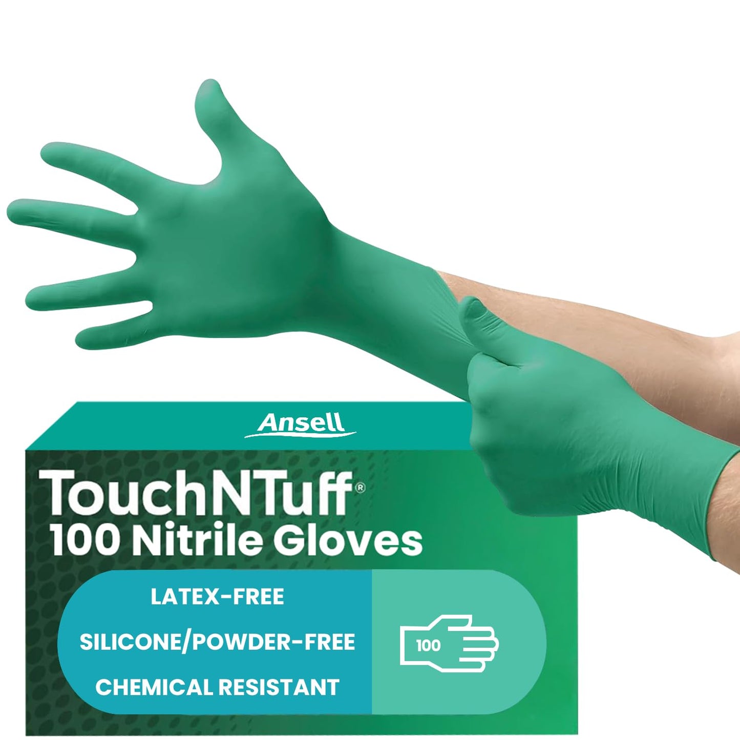 Ansell TouchNTuff 92-600, Nitrile Disposable Gloves, Food Grade Approved, High Protection Chemical Gloves, Latex Free, for Professional Use, Green, Large, 100 Pieces