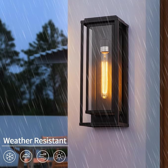 Cerdeco 18” Modern Outdoor Wall Sconce with Rectangular Metal Frame and Transparent Glass Shade,Black Outdoor Lighting for Garage Porch Patio Pack of 2(ETL Listed)