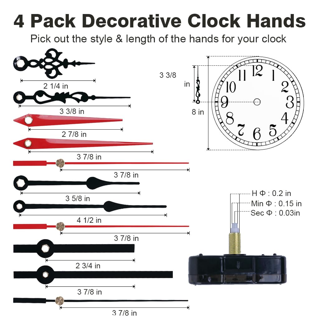EMOON 2 Pack Silent Sweep Quartz Clock Movement Mechanism with 4 Hands, DIY Repair Replacement for Custom Clocks (Shaft Length 5/8 in)