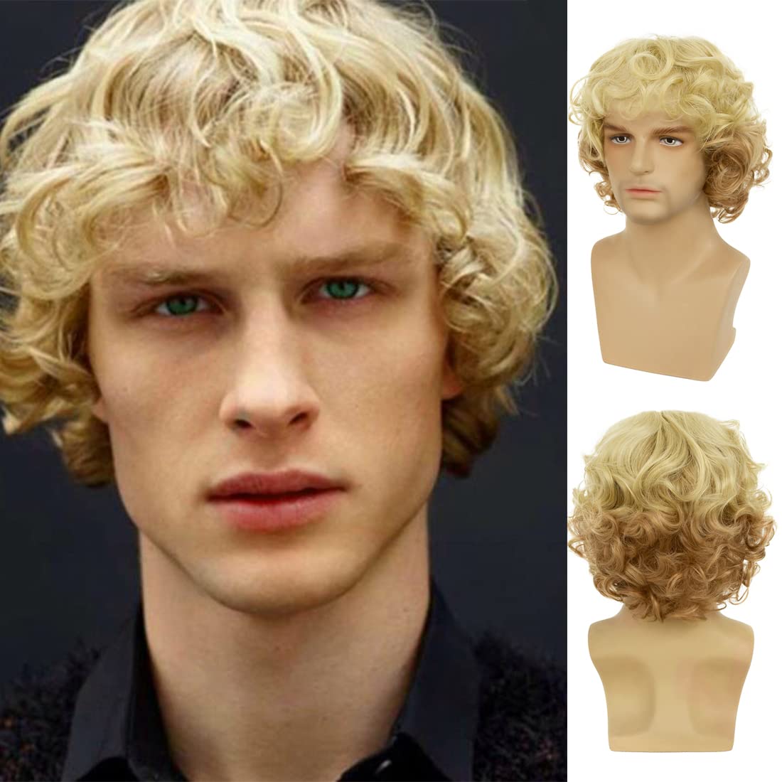 Beweig Mens Blonde Wig Short Wavy Fluffy Natural Synthetic Wig with Bangs Costume Daily Party Cosplay Halloween Wig for Males