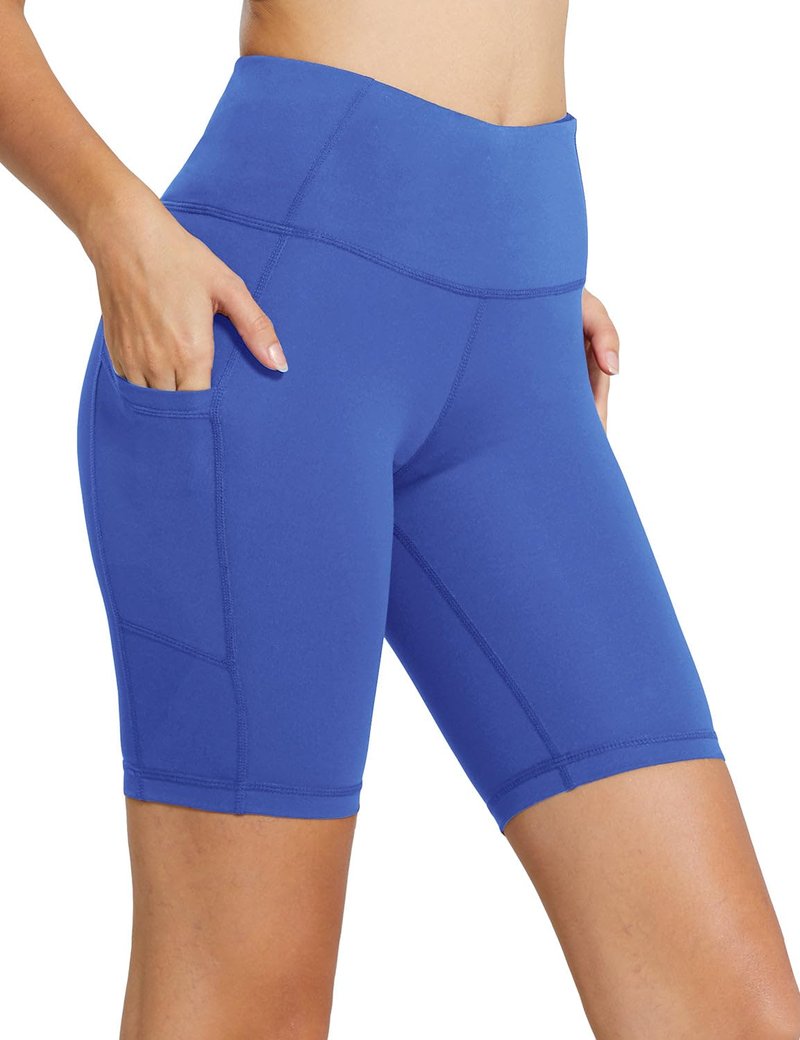 baleaf Biker Shorts Women Yoga Gym Workout Spandex Running Volleyball Tummy Control Compression with Pockets 8" Earth Blue XXXL