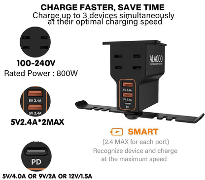 ALACOO Headset Holder for Desk, Dual Headphone Stand, PC Gaming Headphones Hanger Hook Under Desk with (QC3.0) 3 USB Charging Station & 2 AC Outlet(800W) for All Earphone Accessories Gamer Gift